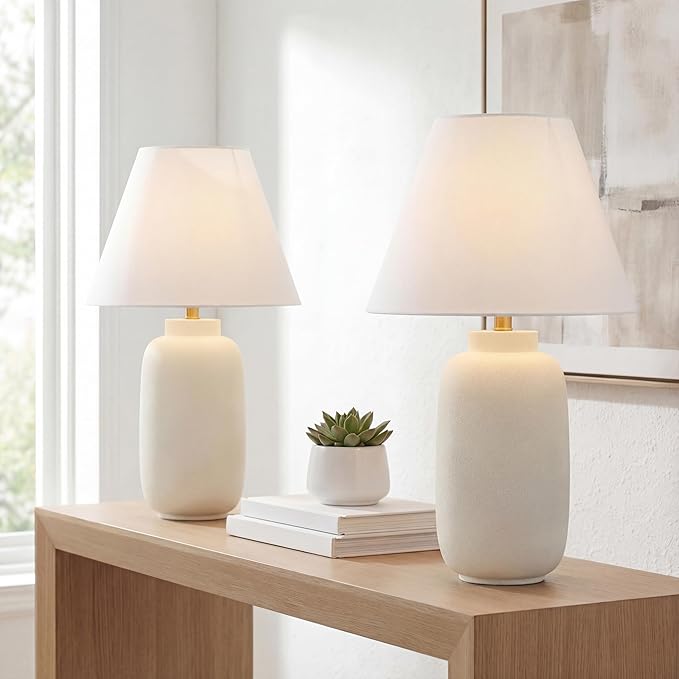 JONATHAN Y JYL5603B-SET2 24.5" Modern Minimalist Table Lamp Set of 2, Matte Cream Ginger Jar Farmhouse Bedside Lamps for Bedroom, Living Room, Office with White Linen Shade, LED Bulbs Included