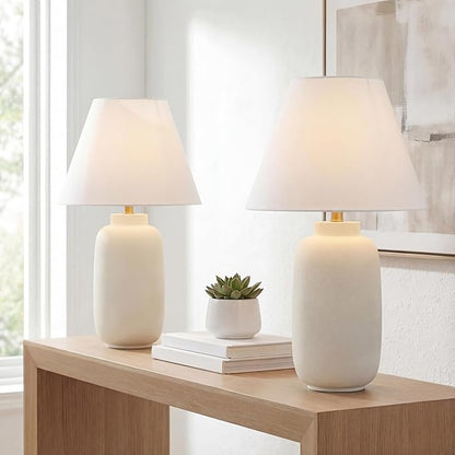 JONATHAN Y JYL5603B-SET2 24.5" Modern Minimalist Table Lamp Set of 2, Matte Cream Ginger Jar Farmhouse Bedside Lamps for Bedroom, Living Room, Office with White Linen Shade, LED Bulbs Included