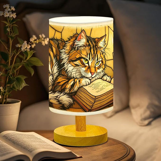 Cat & Book Table Lamp LED 3-Color Pressed Bedside, Cat & Book Shade Lamp with Wood Base for Bedroom Living Room Desk Office TL01
