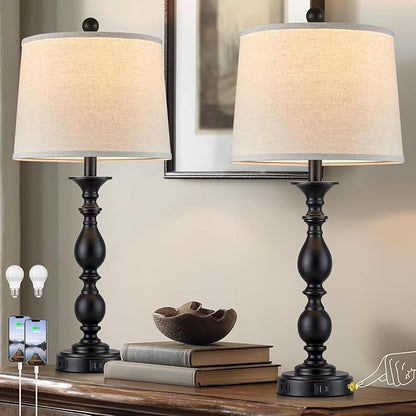 28" Black Modern Table Lamps Set of 2 with USB C+A Ports and AC Outlet, 3 Way Touch Control Tall Bedside Lamps for Bedroom, Metal Farmhouse Nightstand Lamps for Living Room