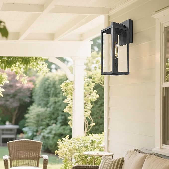 Outdoor Wall Light with Clear Glass, Anti-Rust Exterior Wall Sconce, Weather Resistant Outdoor Lantern, Exterior Lighting for Porch, Patio, Garage, Entryway (Black, 15.5" Height-1 Pack)
