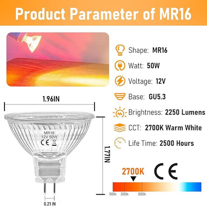 MR16 Halogen Bulbs 50w 12V GU5.3, MR16 Halogen Light Bulbs 2 Pin, 12 Pack Dimmable Indoor Flood 50w Mr16 Small Light Bulb for Landscape/Track Light Bulbs 2700K Warm White