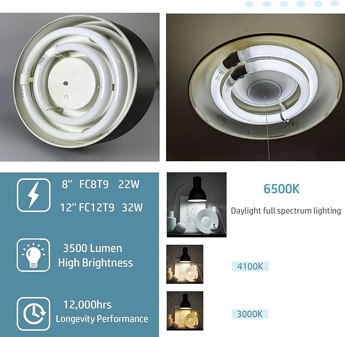 Circular Light Bulbs Set FC12T9-DL and FC8T9-DL Daylight Fluorescent Lamp,Circline 6500K 12inch T9 32Watts and 8inch 22Watts Replacement for Ceiling Light,12,000hrs Long Lifespans