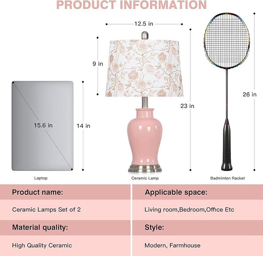 Pink Ceramic Table Lamp with Flower Lampshade, 23" Cute Bedroom Lamp with Ginger Jar Design, Modern Living Room Lamps Set 2, Elegant Bedside Lamps for Nightstand End Table Home Decor