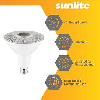 Sunlite 40337 LED PAR38 Long Neck Spotlight Bulb, 15 Watt (100W Halogen EQ), 1200 Lm, 40° Flood Beam, Medium E26 Base, 90 CRI, Waterproof, Dimmable, T20/T24/CEC & UL Listed, 6500K Daylight, 6 Count