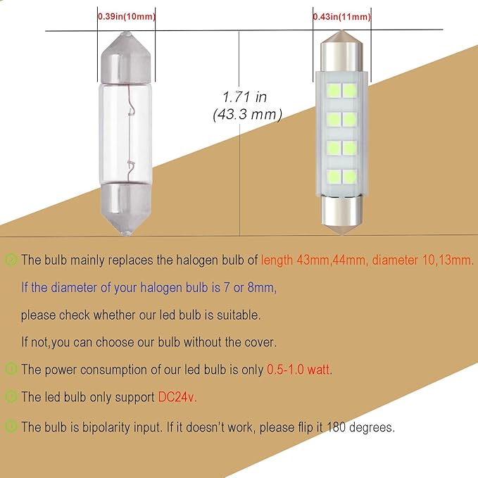 Festoon 578 LED Bulbs,211-2 LED Car Bulb 43mm 44mm Ice Blue,DC 24V 212-2 LED Bulb for Truck Interior Dome Glove box Trunk Lights (Pack 12)