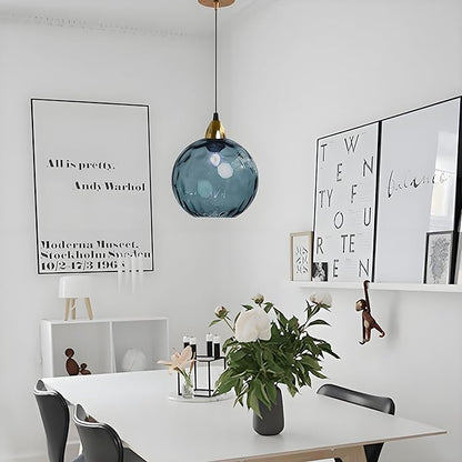 20cm/7.9’’ Industrial Vintage Spherical Glass Pendant Light, E26 Ceiling Hanging Lamp, Gold Finish & Ripple Glass Globe Shade, Dining Room Bedroom Chandelier (Dark Blue)