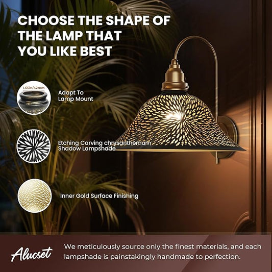 Ceiling Fan Light Covers, Pendant Light Shade Replacement with 1.65" Fitter, ALUCSET 5.5" Height and 12.2" Diameter, Metal Bell Cover for Chandelier Wall Sconces Etched Chrysanthemum Bronze and Gold