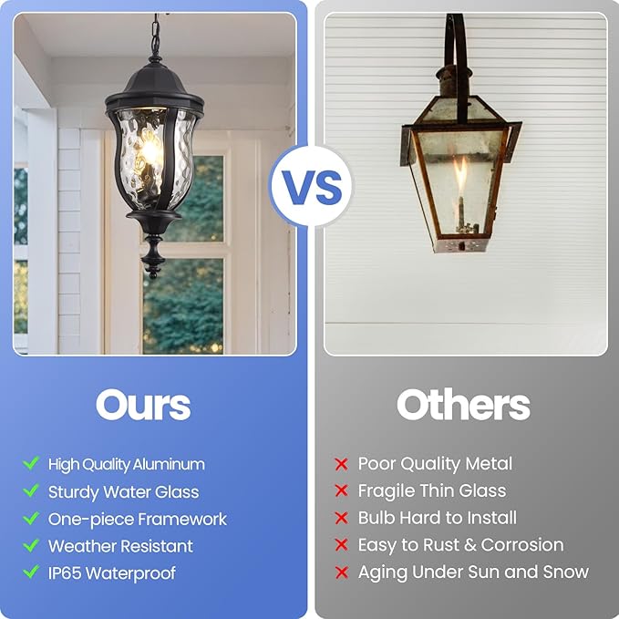 Large Outdoor Pendant Light Fixtures, 23.6'' Exterior Hanging Lantern Porch Light Adjustable, Black Hanging Lamp Farmhouse Exterior Chandelier Ceiling Mount for Entrance Patio