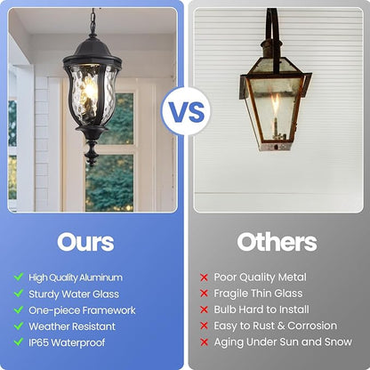Large Outdoor Pendant Light Fixtures, 23.6'' Exterior Hanging Lantern Porch Light Adjustable, Black Hanging Lamp Farmhouse Exterior Chandelier Ceiling Mount for Entrance Patio