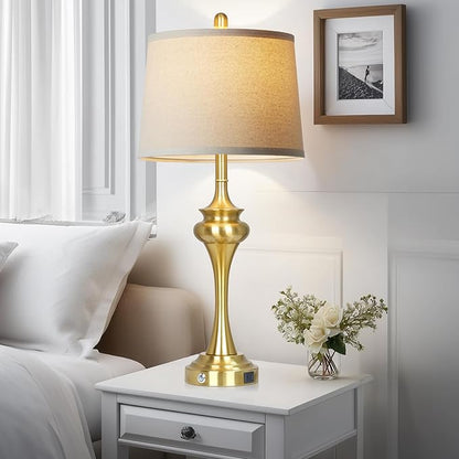 30 Inch Single Table Lamp for Bedside, 3-Way Touch Control Bedroom Table Lamp with USB A+C Ports, Tall Living Room Lamps for End Table, Modern Brass Lamps for Nightstand Desk Office, Gold