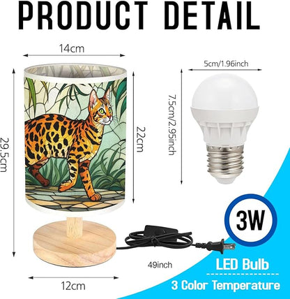 Bengal Cat Table Lamp LED 3-Color Pressed Bedside, Bengal Cat Shade Lamp with Wood Base for Bedroom Living Room Desk Office TL01