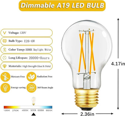 A19 Vintage LED Edison Light Bulbs 60 Watt, E26 Dimmable LED Filament Light Bulbs, Daylight White 5000K,6W Equal 60W Incandescent Bulbs,600LM, AC120V, A19 LED Bulb with 90 CRI,COCODI-6Pack (6W-5000K)
