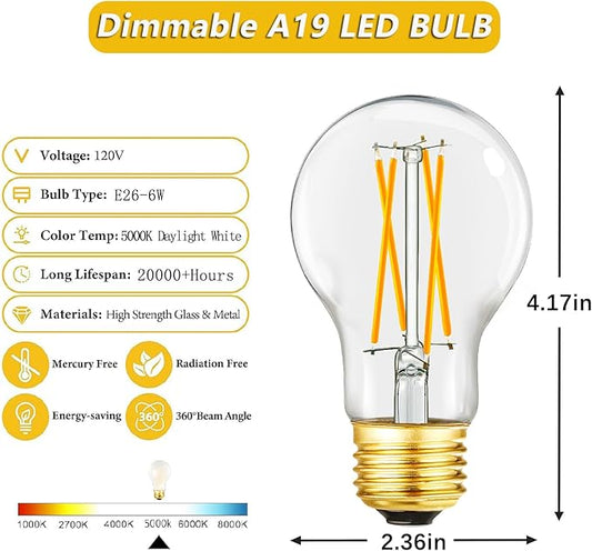 A19 Vintage LED Edison Light Bulbs 60 Watt, E26 Dimmable LED Filament Light Bulbs, Daylight White 5000K,6W Equal 60W Incandescent Bulbs,600LM, AC120V, A19 LED Bulb with 90 CRI,COCODI-6Pack (6W-5000K)