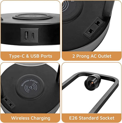 Wireless Charging Table Lamp for Bedroom Set of 2, Touch Control Dimmable with Type C USB Ports & AC Outlet Bedside Nightstand Lamp, Glass Shade Industrial Desk Lamp for Home Office, Bulbs Included
