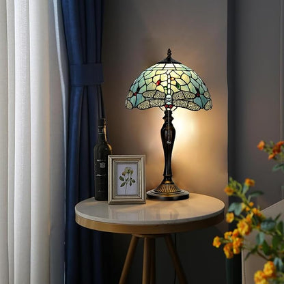 TL0023 Tiffany Style Dragonfly Table Lamp Stained Glass Blue Shade Reading Desk Light 12 X 20 Inches for Bedroom Living Room Home Office, Vintage Handcrafted Accent Décor, LED Blub Included