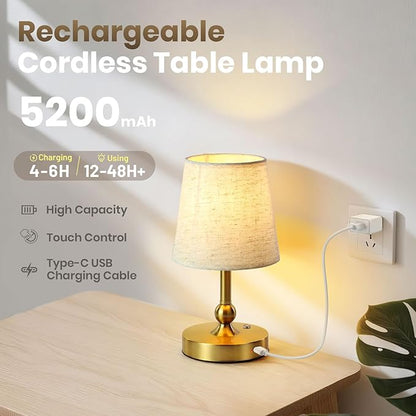 Cordless LED Table Lamp with Dimmer - 5200mAh Rechargeable Battery Operated Lamp Included 2700K Bulb, Gold Portable Stepless Touch Night Light for Bedroom Patio Home (Beige Fabric Shade)