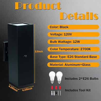 Motion Sensor Outdoor Wall Light with 3 Light Modes, Dusk to Dawn Modern Aluminum Sconce with E26 Bulbs, Waterproof Exterior Lighting for Porch, Garage, Patio, Entryway, ETL Listed