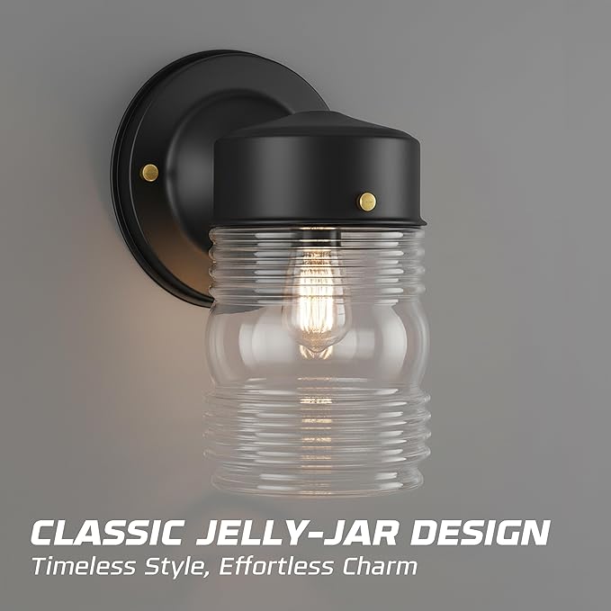 OHLECTRIC Outdoor Wall Sconce Wall Light (4-Pack) Jelly Jar Design, Vintage Clear Ribbed Glass, Dimmable & LED Compatible, Wet-Rated, Matte Black, Ideal for Porch, Patio, Garage, 5.75"x7.5"
