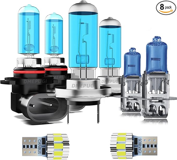 Compatible With Toyota Celica 2000-2005 Halogen Headlight Bulbs, 9005 High Beam + H7 Low Beam + H3 Fog Lights Halogen Light Bulb + License Plate Lights, Pack of 8