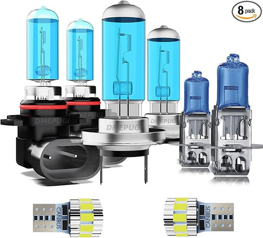 Compatible With Toyota Celica 2000-2005 Halogen Headlight Bulbs, 9005 High Beam + H7 Low Beam + H3 Fog Lights Halogen Light Bulb + License Plate Lights, Pack of 8