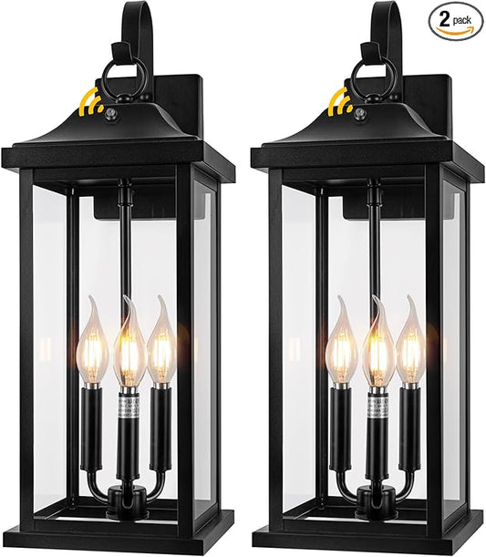 2-Pack Dusk to Dawn Outdoor Lighting 23 Inch Extra Large, 3-Light Modern Black Outdoor Wall Lights Exterior Lighting Fixtures, IP65 Waterproof Outdoor Lanterns Photocell Sensor, E12