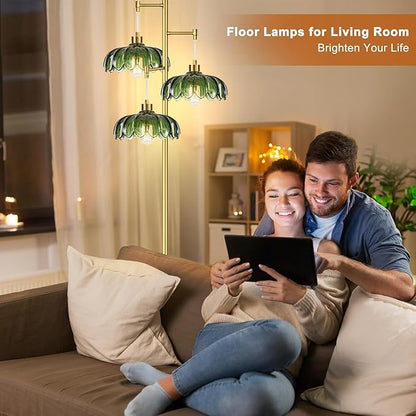 Gold Floor Lamp for Living Room Bedroom,Modern Floor Lamps with Unique Green Glass Shades,3 Lights Mid Century Tall Standing Lamp,Vintage Tree Flower Floor Lamp for Corner Office Reading