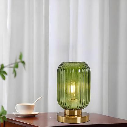 NKU Mid Century Modern Dimmable Table Lamp, Green Ribbed Glass Vintage Nightstand Lamp, Plug-in Bedside Lighting for Bedroom Living Room Office