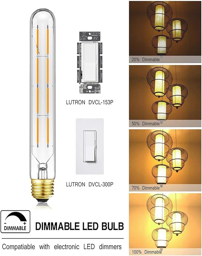 E26 Tubular Led Bulb 8W T10 Dimmable Long Light Bulbs 75 Watt E26 Medium Base 2700k Warm White Edison Lights Bulbs 8.9Inches,6Pack.