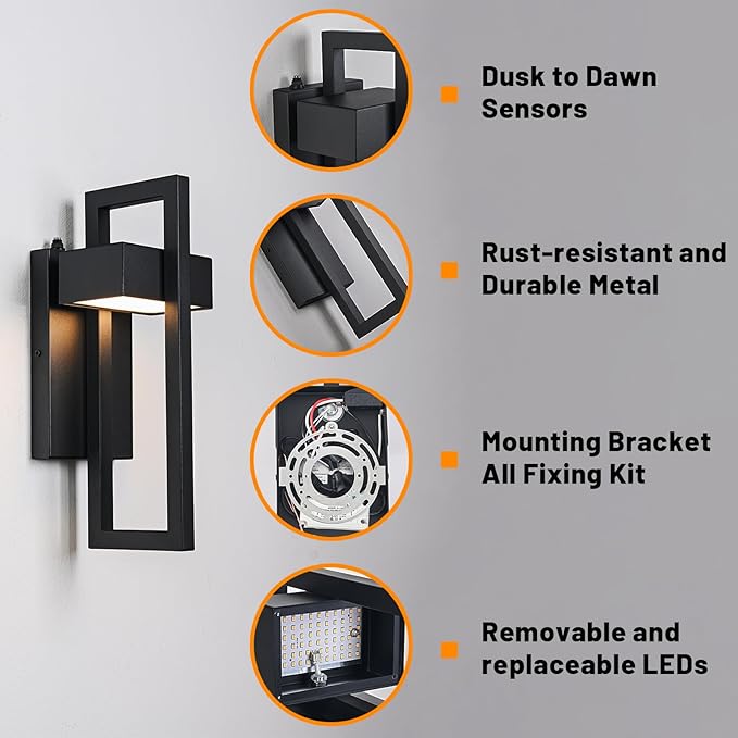 Outdoor Wall Lights Dusk to Dawn Outdoor Lighting, Modern LED Exterior Lighting Fixtures Matte Black Outdoor Wall Sconce 3000K Integrated Outside Wall Mount Lights for Porch House Garage 2 Pack