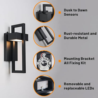 LED Outdoor Wall Lights Dusk to Dawn Outdoor Lighting, Modern Exterior Lighting Fixture Matte Black Outdoor Wall Sconce 3000K Integrated Outside Wall Mount Lights for Porch Garage
