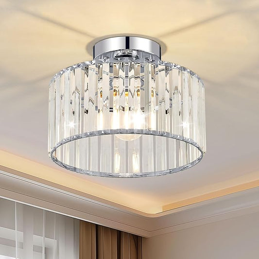 Crystal Chrome Semi Flush Mount Ceiling Light Modern Hallway Light Fixture Metal Close to Lamp for Entryway Bedroom(10.63 inch)