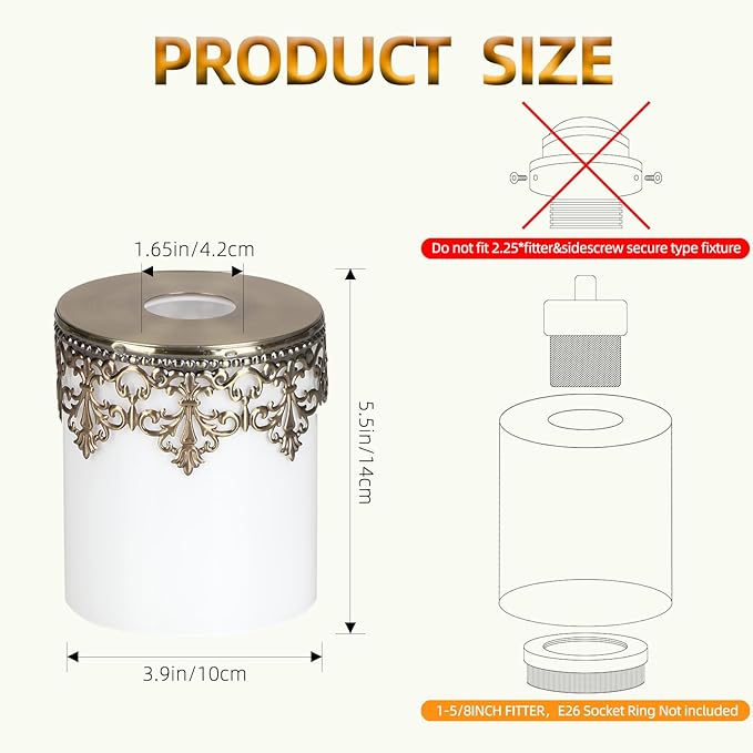 3 Pack White Frosted Glass Lamp Shades with Decorative Pattern, 1-5/8 inch Fitter, Cylinder Glass Shade Covers Replacement Globe for Pendant Light fixtures Floor lamps Wall Sconces