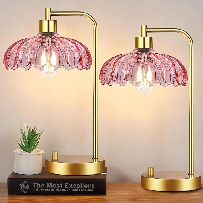 Pink Table Lamp Set of 2,Small Gold Bedside Lamps Dimmable Boho Bedroom Lamp with Flower Glass Lamp Shade,Vintage Mid Century Modern Mini Nightstand Lamp for Girls Kids Bedroom Living Room