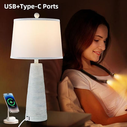 Terpsichore Nightstand Lamp Desk Lamp Vintage Bedside Lamps Set of 2 Rustic Farmhouse Table Lamps 3 Way Dimmable Light,Suitable for Living Room Bedroom,with Linen Shade LED Bulb,USB A+C Port