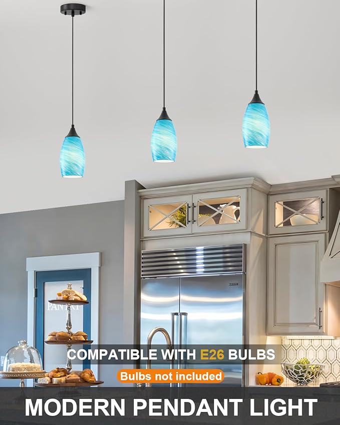 ANYLOVE Vintage Art Lake Blue Stripe Pendant Lighting,1-Pack Hand Glass Hanging Light Fixture,Adjustable Cord for Kitchen,Hallway,Dining Room