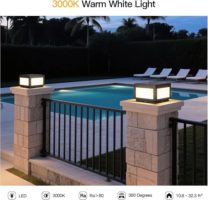 Solar Post Lights, 9.8" Modern Pillar Lights Outdoor, Dusk to Dawn Column Light Waterproof, 3000K Square Lamp Fence Posts Cap LED Light Landscape Lighting for Patio Garden Deck Outside Columns