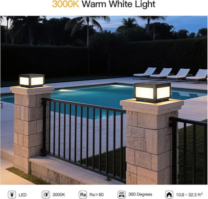 Solar Post Lights, 9.8" Modern Pillar Lights Outdoor, Dusk to Dawn Column Light Waterproof, 3000K Square Lamp Fence Posts Cap LED Light Landscape Lighting for Patio Garden Deck Outside Columns