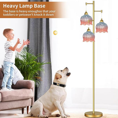 Gold Floor Lamp for Living Room,Bedroom,Mid Century Modern Standing Lamp Brass Tree 3 Light Tall Floor Lamps Vintage Retro Floor Lights Glass Flower Lamp Shade Farmhouse Boho Bohemian