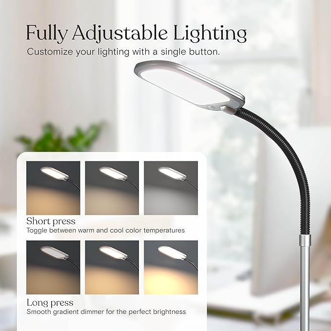 Brightech Litespan Slim LED Floor Reading Lamp with Adjustable Gooseneck for Living Rooms & Offices, Dimmable Standing Lamp for Bedroom - Silver