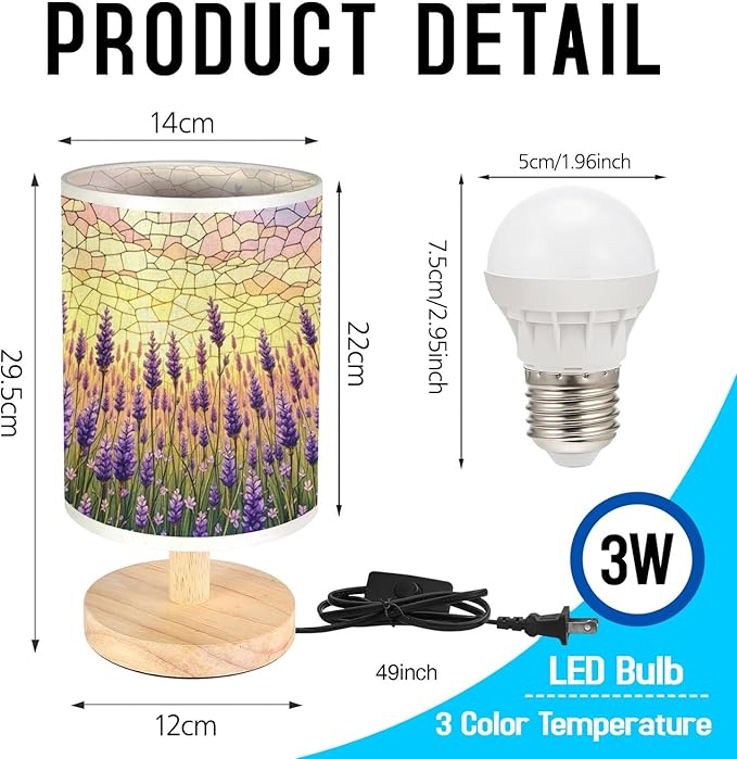 Lavender Table Lamp LED 3-Color Pressed Bedside, Lavender Shade Lamp with Wood Base for Bedroom Living Room Desk Office TL01