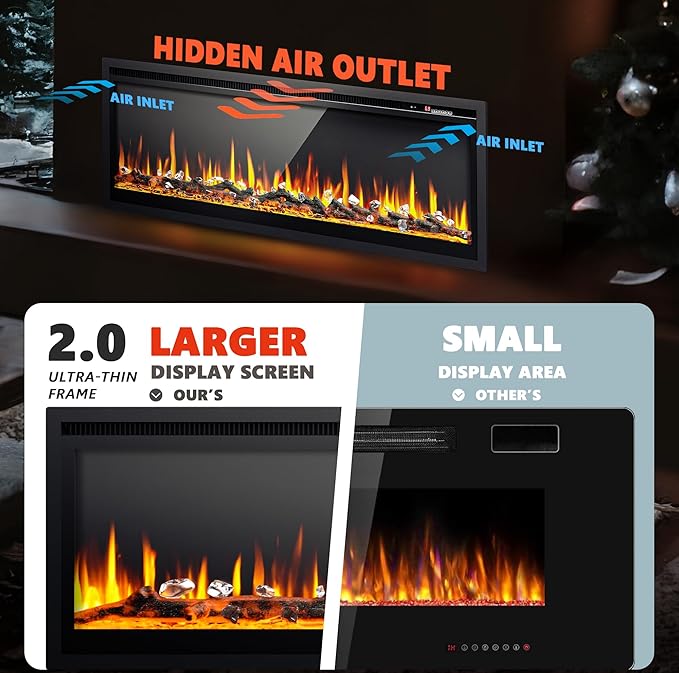 EUHOMY 50 Inch Electric Fireplace Recessed Wall Mounted Freestanding with Remote Control, Ultra-thin Fireplace Heater with Adjustable Flame Color, Linear Fireplace with Timer, Log & Crystal, 750/1500W