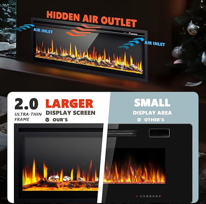 EUHOMY 50 Inch Electric Fireplace Recessed Wall Mounted Freestanding with Remote Control, Ultra-thin Fireplace Heater with Adjustable Flame Color, Linear Fireplace with Timer, Log & Crystal, 750/1500W
