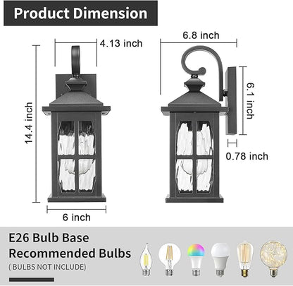 Darkaway Outdoor Light Fixtures Wall Mount, 2pcs Outside Wall Lights Exterior Lighting Fixture with Water Ripple Glass Outdoor Wall Sconce for House Porch Hallway Garage Front Door