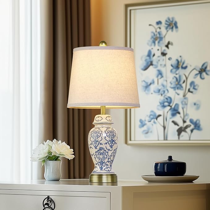 RORIANO Chinoiserie Ceramic Table Lamps Set of 2 for Living Room Bedroom Bedside, Traditional Blue Porcelain Classic Table Lamp for Nightstand Entryway, 2 LED Bulbs Included