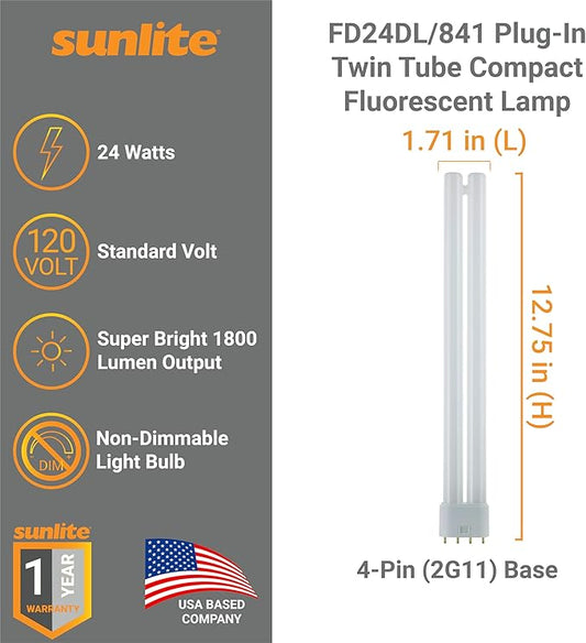 Sunlite FT24DL/841 Plug-in Twin Tube Compact Fluorescent Lamp, FT 4-Pin, 24 Watts, 1800 Lumens, 4100K Cool White, 4-Pin (2G11) Base, 120 Volts, 1 Pack