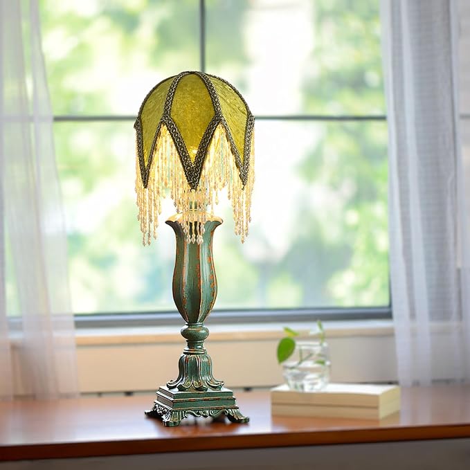 Tassel lampshade - Retro country style green bead tassel lampshade,18cm artistic atmosphere replacement lamp accessory for living room