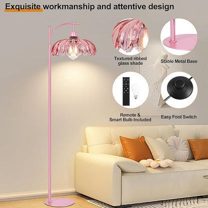 Pink Floor Lamp for Living Room,Bedroom,Glass Dimmable Standing Lamp with Remote,Gold Mid Century Modern Brass Tall Lamp Boho Floor Lamps Arc Stained Flower Floor Light Lamp Girls kids Bohemian