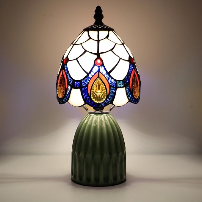 Tiffany Lamp Stained Glass Mushroom Table Lamps 6X6X12.5 Inch Pink Peacock Tail Style Small Night Light Ceramic Base Mini Accent Desk Light Suitable for Bedside Table Bedroom Children Room