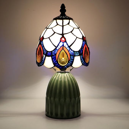 Tiffany Lamp Stained Glass Mushroom Table Lamps 6X6X12.5 Inch Pink Peacock Tail Style Small Night Light Ceramic Base Mini Accent Desk Light Suitable for Bedside Table Bedroom Children Room